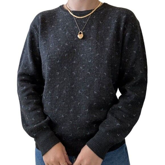 Vintage Unisex Gray Geometric Wool Oversized Preppy Crew Neck Sweater Sz M - Picture 2 of 7